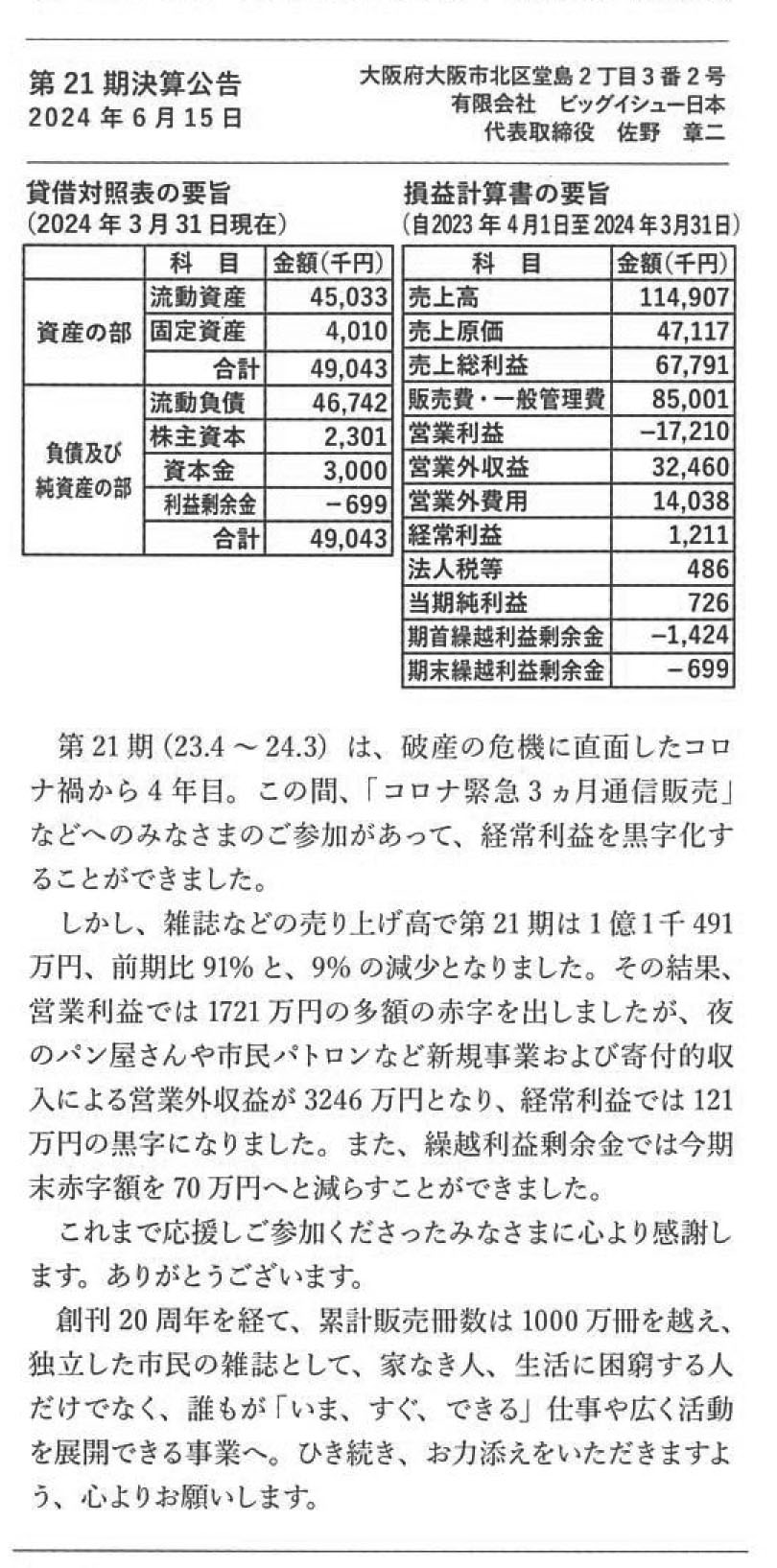 第21期決算公告 | ビッグイシュー日本版